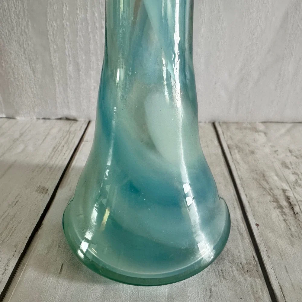 Art Glass Bud Vase Aqua Teal White Swirl Hand Blown Ruffled Rim 7.5 inch